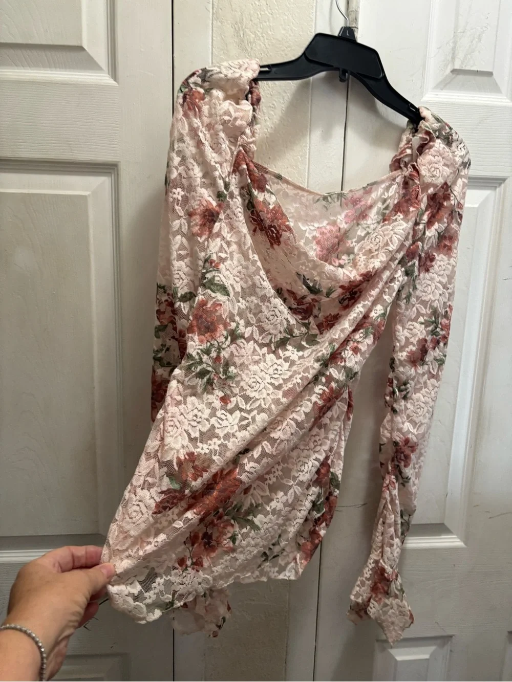 Anthropology Floral Lace Long Sleeve Blouse — Cream with Rust & Olive Flowers